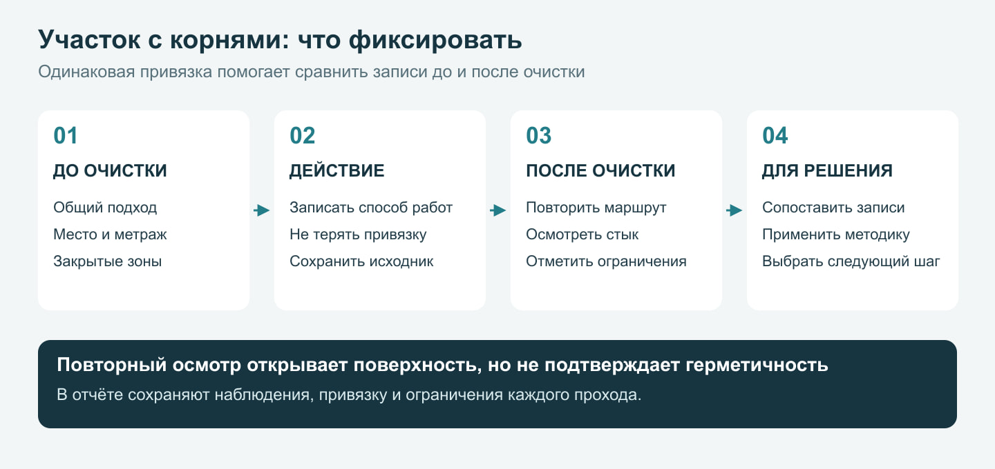 Последовательность фиксации участка с корнями до и после очистки